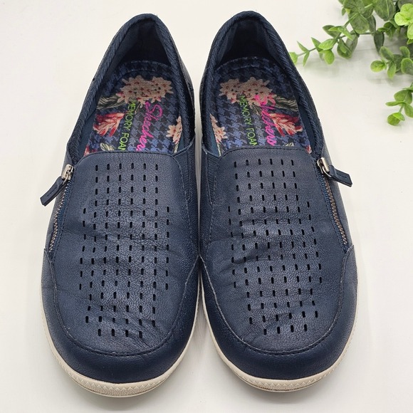 Skechers Slip On Comfort Shoes Women's 9 Memory Foam Perforated Navy Blue - Picture 4 of 9